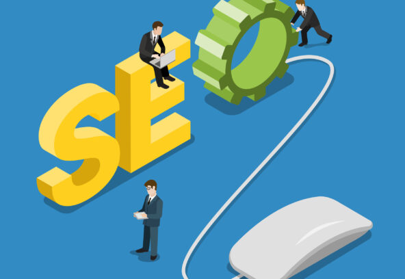 SEO word mouse and content manager people on it flat 3d isometry isometric concept web infographics vector illustration. Search Engine Optimization Process. Creative people collection.